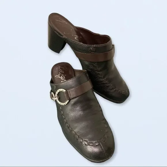 Brighton Gemini Mules Brown & Black Leather with Silver Decorative Buckle Sz6.5M Brighton Shoes Size 8.5 Gemini Mules Black Brown Leather  main image 4
